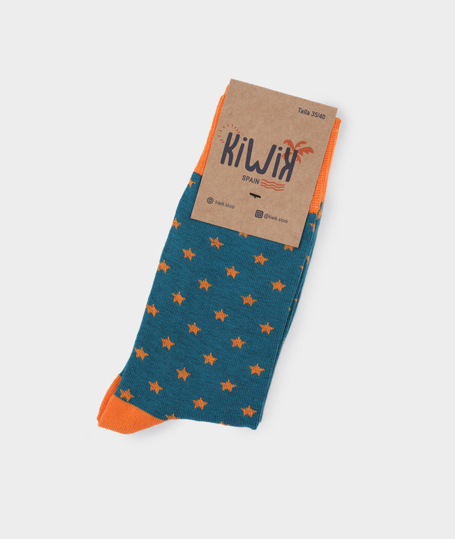 calcetines axul con estrellas naranja
